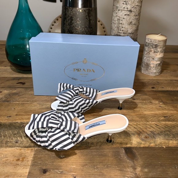 Prada Striped Bow Kitten Heel Sandals - Picture 6 of 8